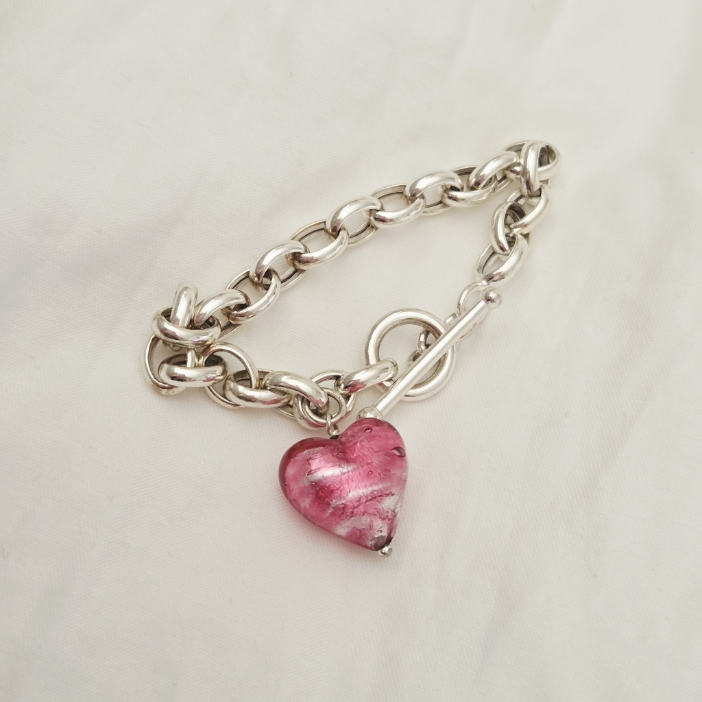 Sterling Silver Italy Pink Murano Venetian Glass Heart Charm Toggle 75 Bracelet 81$